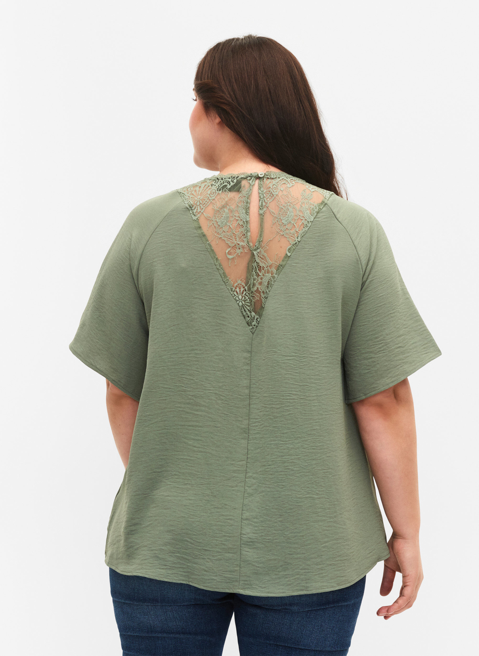 Zizzi Kurz&auml;rmelige Bluse mit Spitze , Lily Pad, Model image number 1