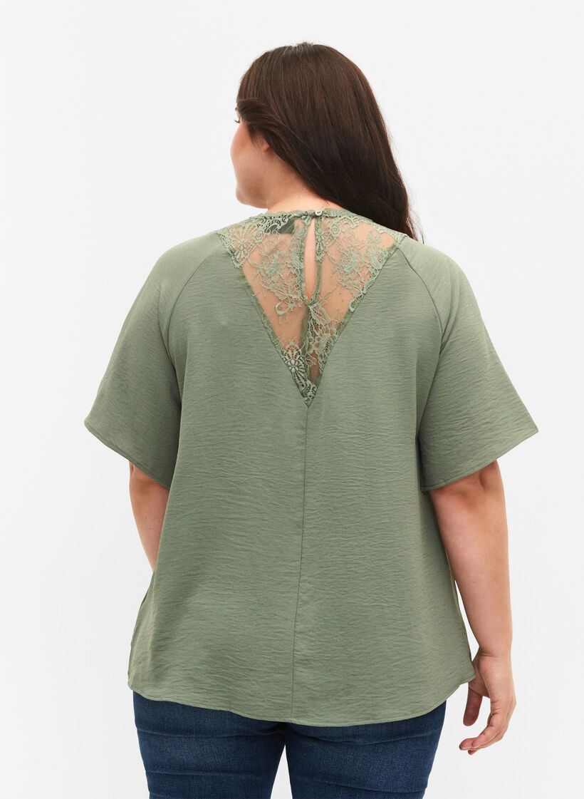 Kurzärmelige Bluse mit Spitze , Lily Pad, Model image number 1