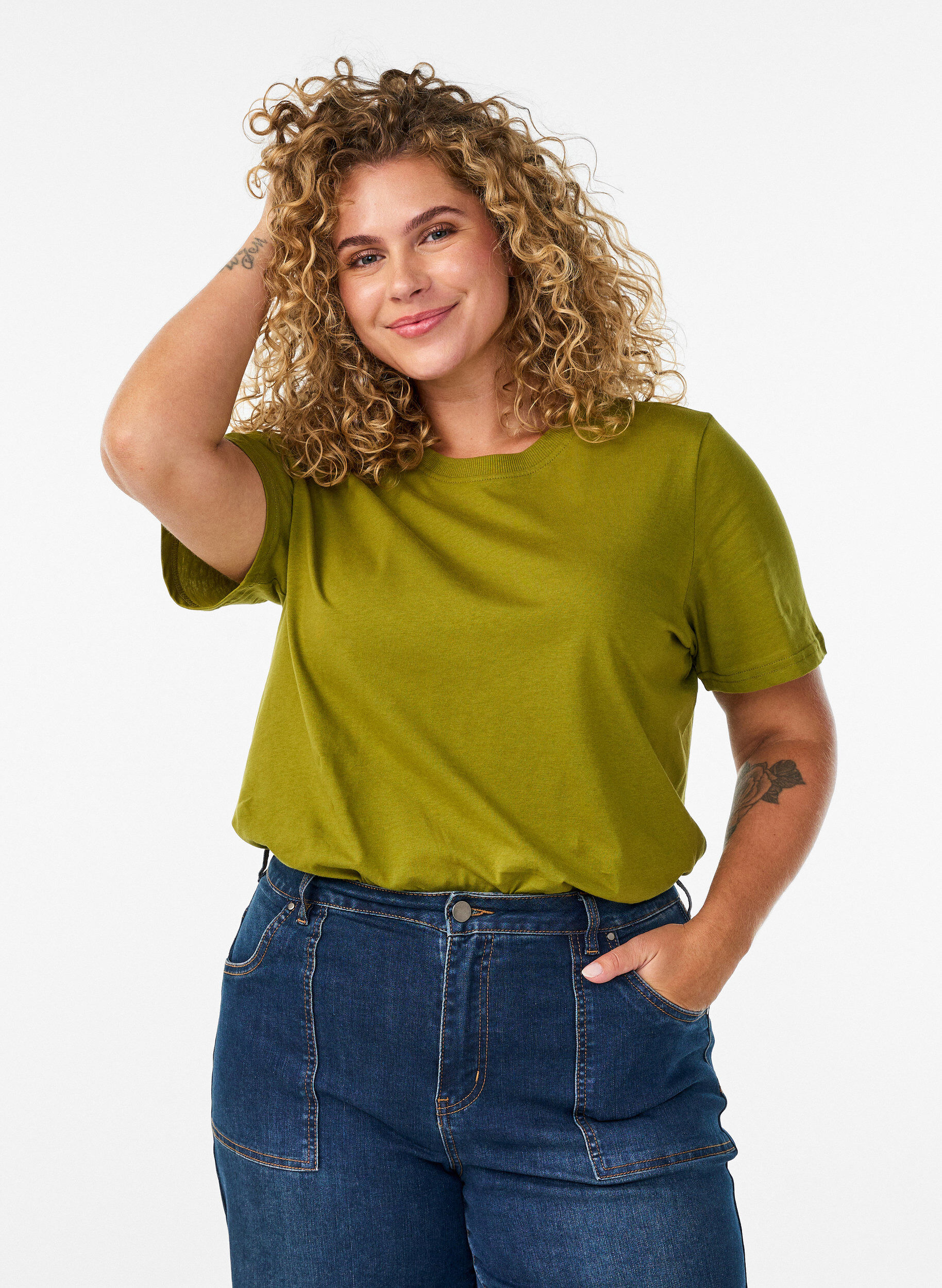 ZizziBasic T-Shirt aus Baumwolle mit Rundhalsausschnitt, Gr&uuml;n, Model image number 0