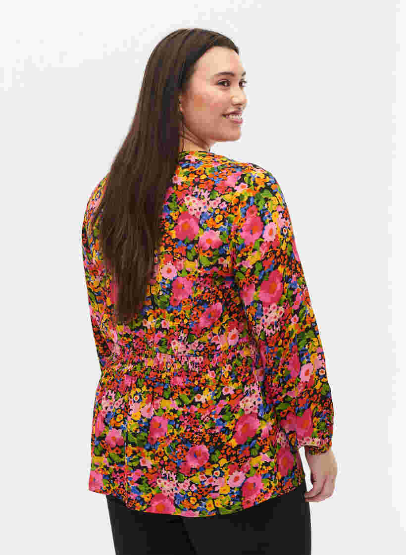 Viskosebluse mit Blumendruck und Smock, Neon Flower Print, Model image number 1