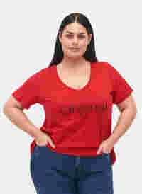 T-Shirt aus Baumwolle mit Druck und V-Ausschnitt , Tango Red ORI, Model