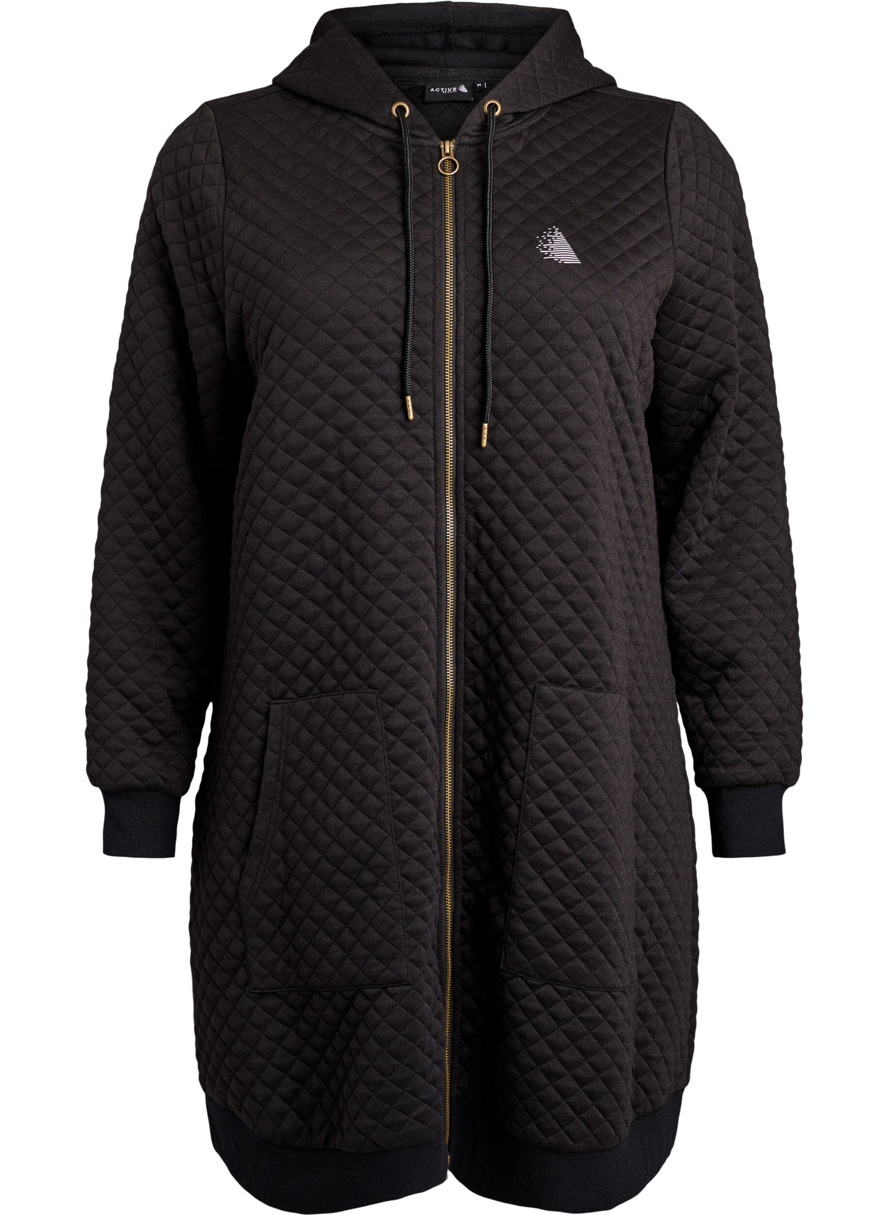 Zizzi Lange gesteppte Kapuzenjacke mit Rei&szlig;verschluss und Taschen, Schwarz, Packshot image number 0