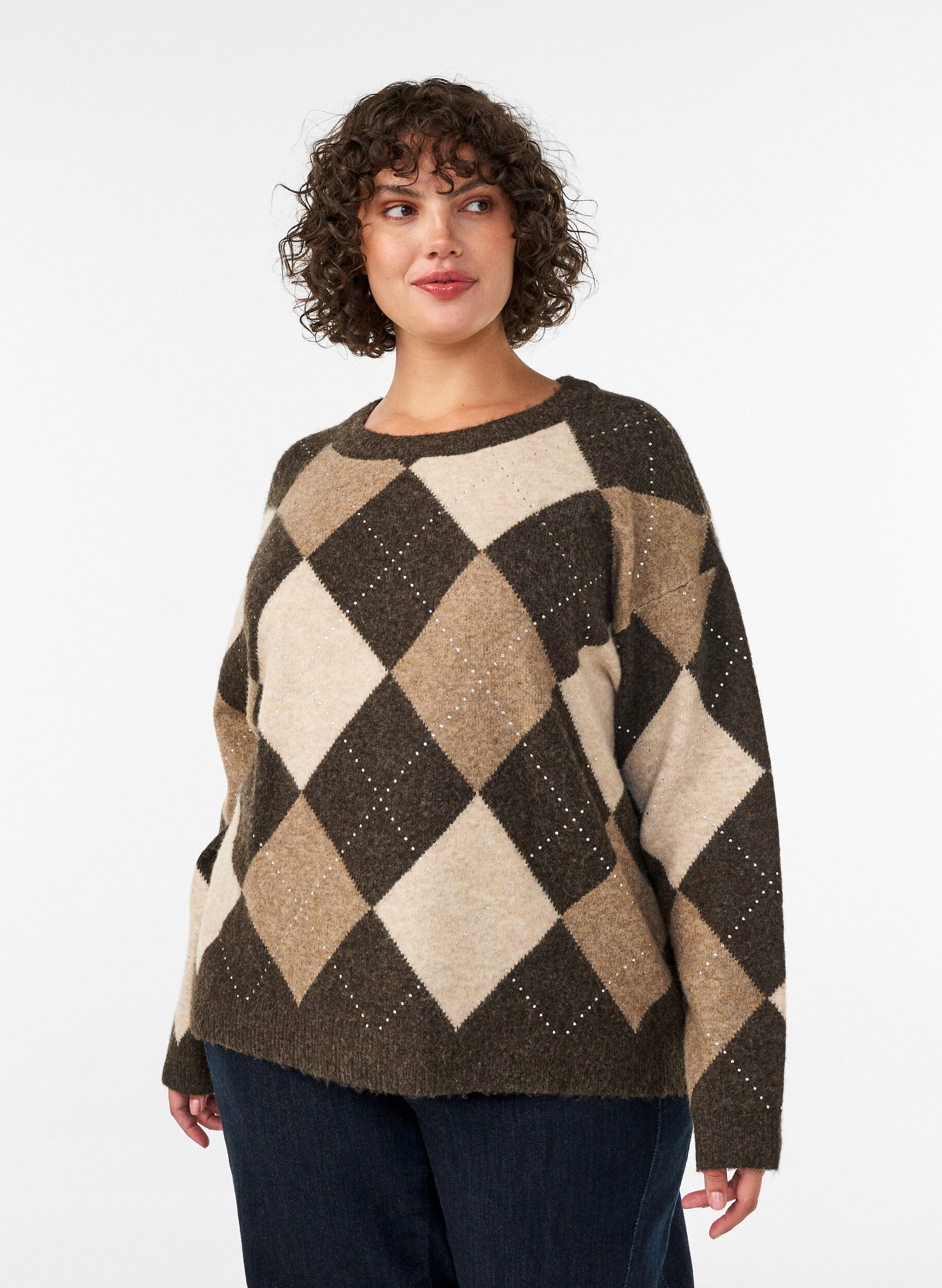 ZizziStricktop mit Argyle-Muster und Strasssteinen, Braun, Model image number 0