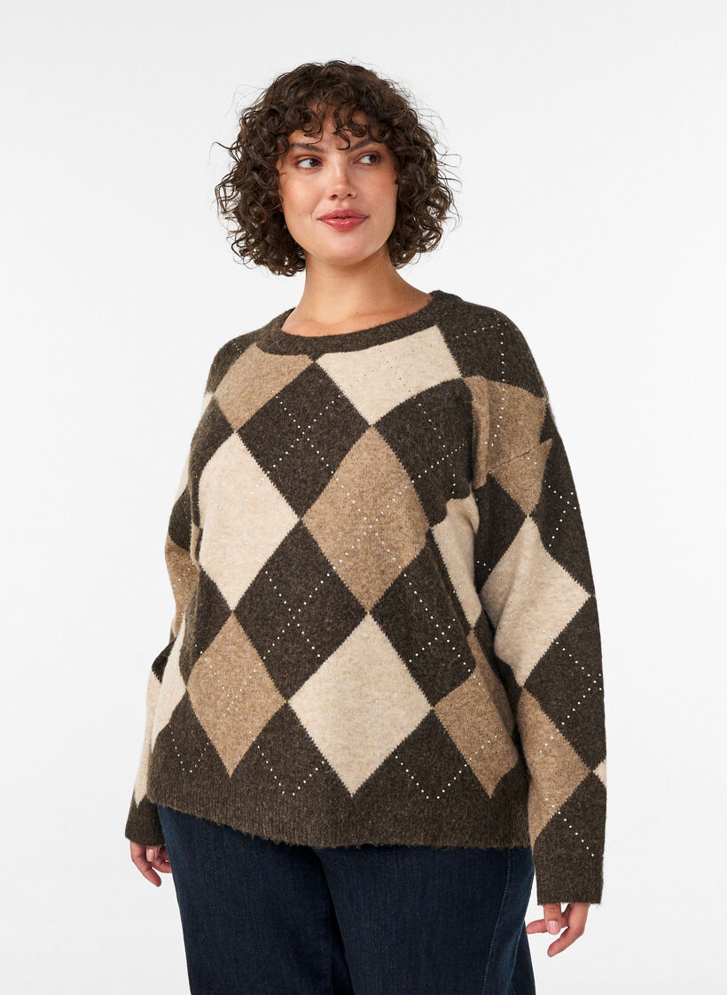Stricktop mit Argyle-Muster und Strasssteinen, Braun, Model image number 0