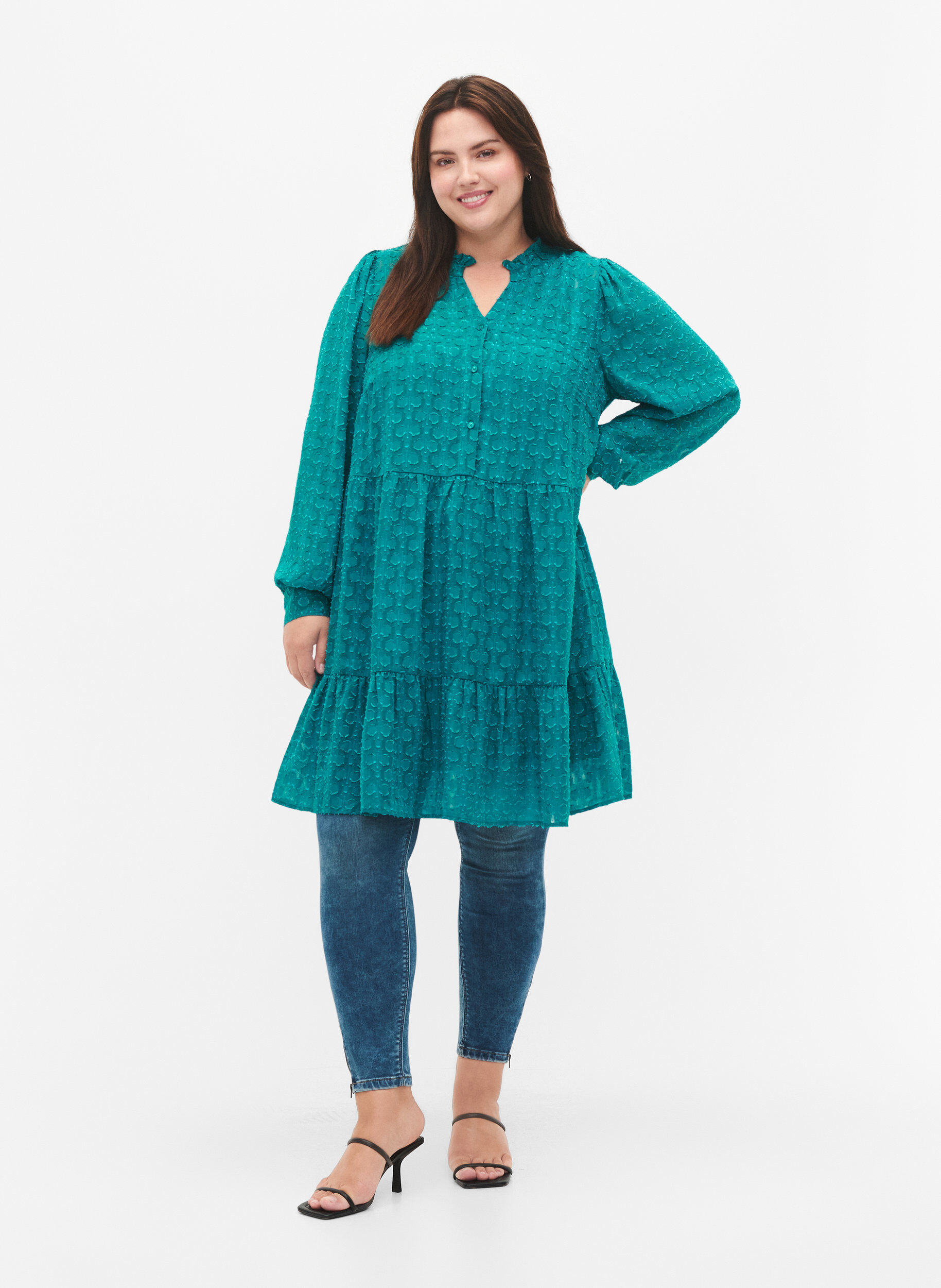 Zizzi Jacquard-Kleid mit R&uuml;schenkragen, Deep Lake, Model image number 2