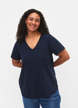 Kurzärmeliges T-Shirt mit V-Ausschnitt, Navy Blazer, Model image number 0