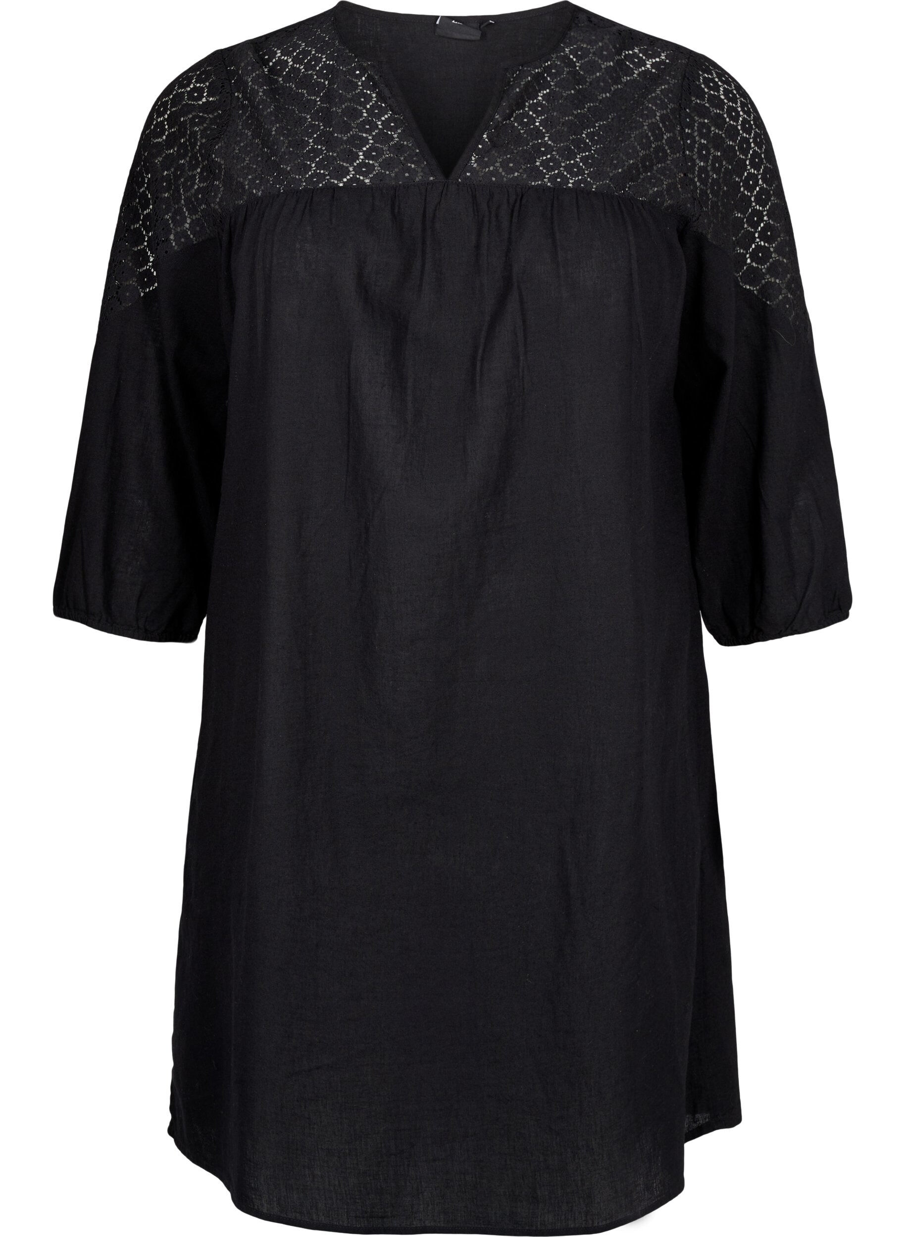 Zizzi Kleid aus einer Baumwollmischung mit Leinen und H&auml;keldetails, Black, Packshot image number 0