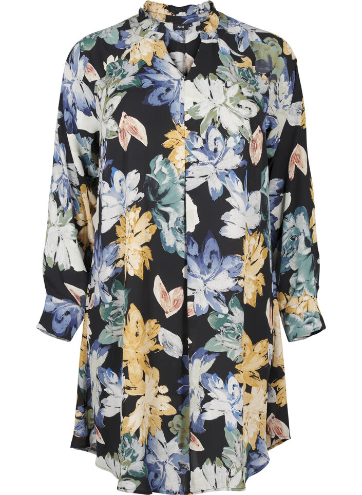 Langärmliges Kleid mit Blumendruck, Yellow Flower AOP, Packshot image number 0