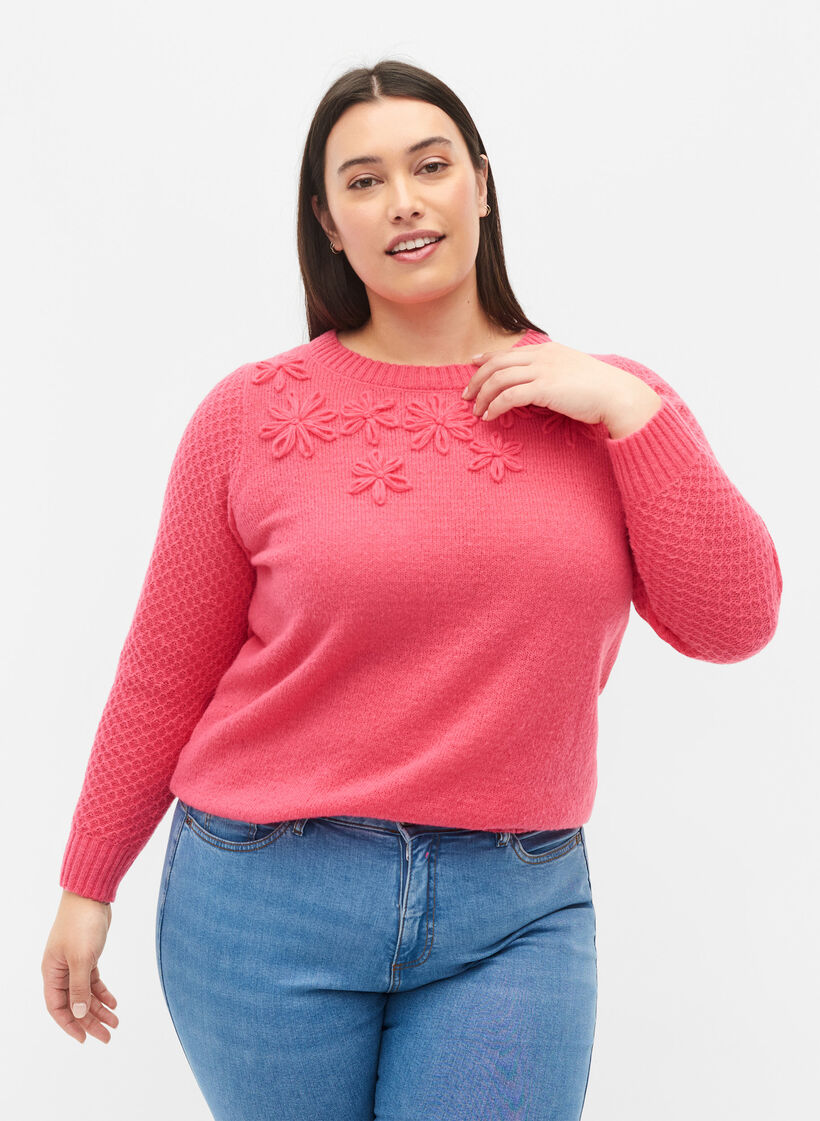 Strickbluse mit Blumendetails, Hot Pink, Model image number 0