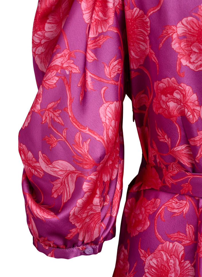 Gebl&uuml;mtes Kleid mit Puff&auml;rmeln und Bindeg&uuml;rtel, Pink, Packshot image number 3