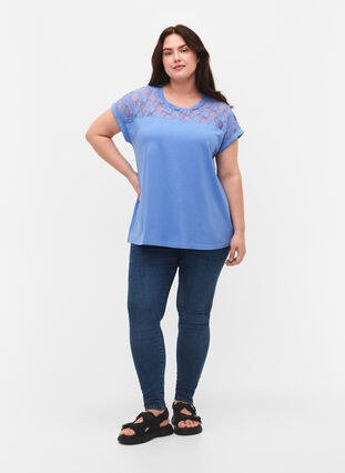 Baumwoll-T-Shirt mit Spitze und kurzen Ärmeln, Persian Jewel, Model image number 2