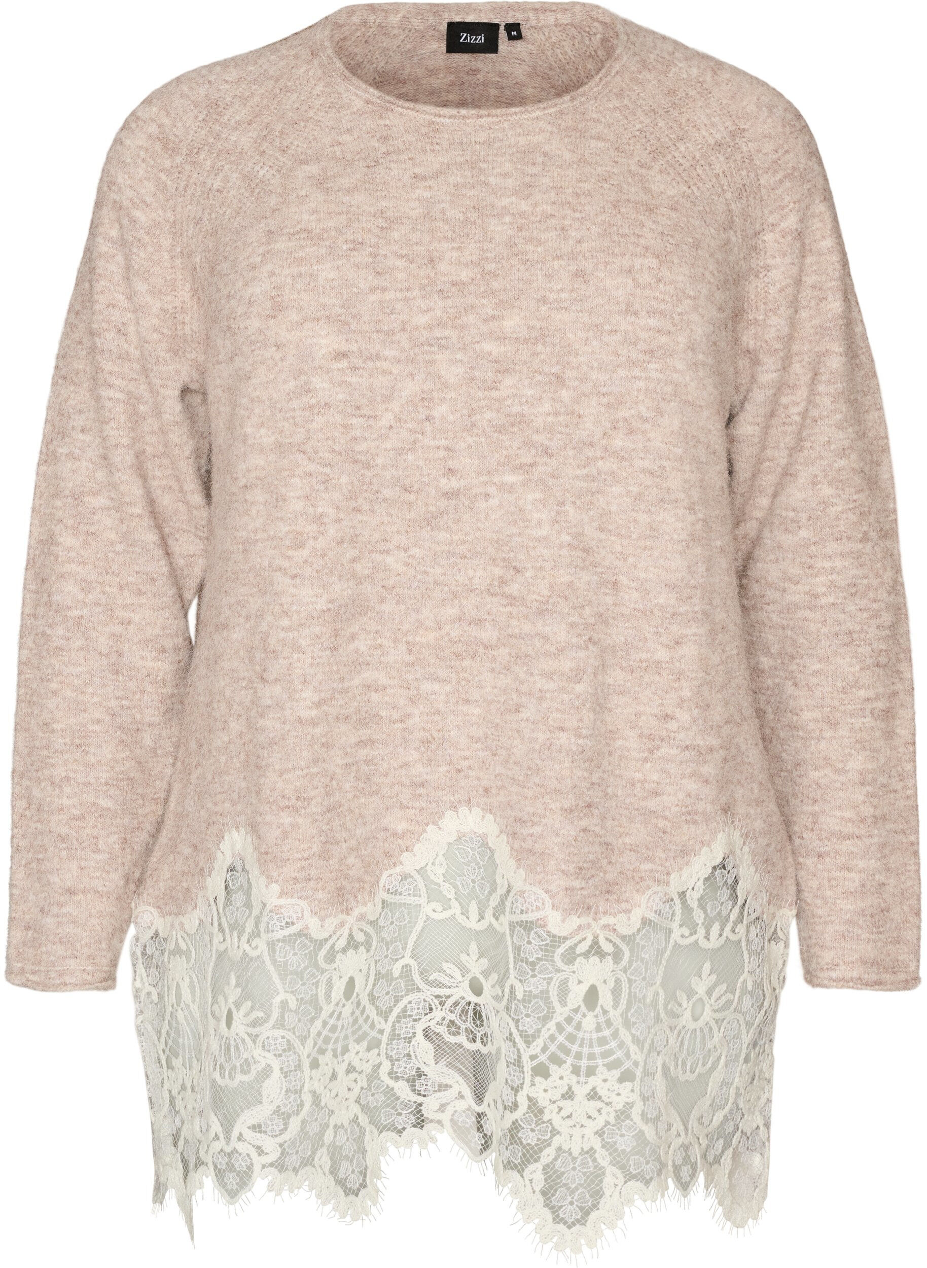 ZizziStrickpullover mit Raglan&auml;rmeln und breitem Spitzenbesatz, Beige, Packshot image number 0
