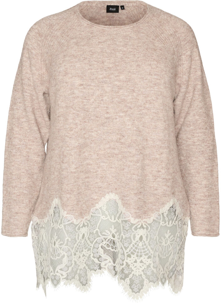 Strickpullover mit Raglan&auml;rmeln und breitem Spitzenbesatz, Beige, Packshot image number 0