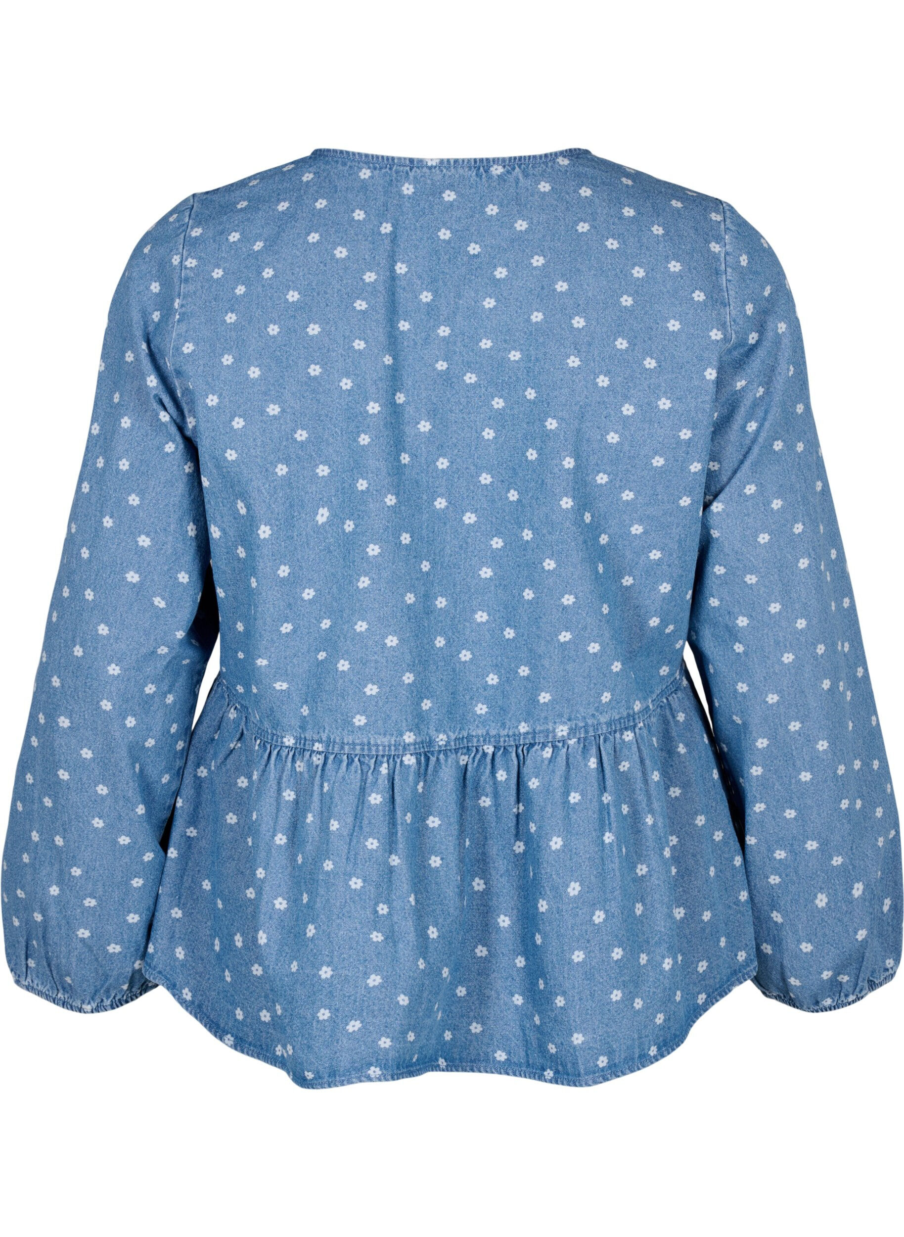 Zizzi Bluse aus Denim mit Sch&ouml;&szlig;chen und Bindeverschluss, Light Blue w.Flowers, Packshot image number 1