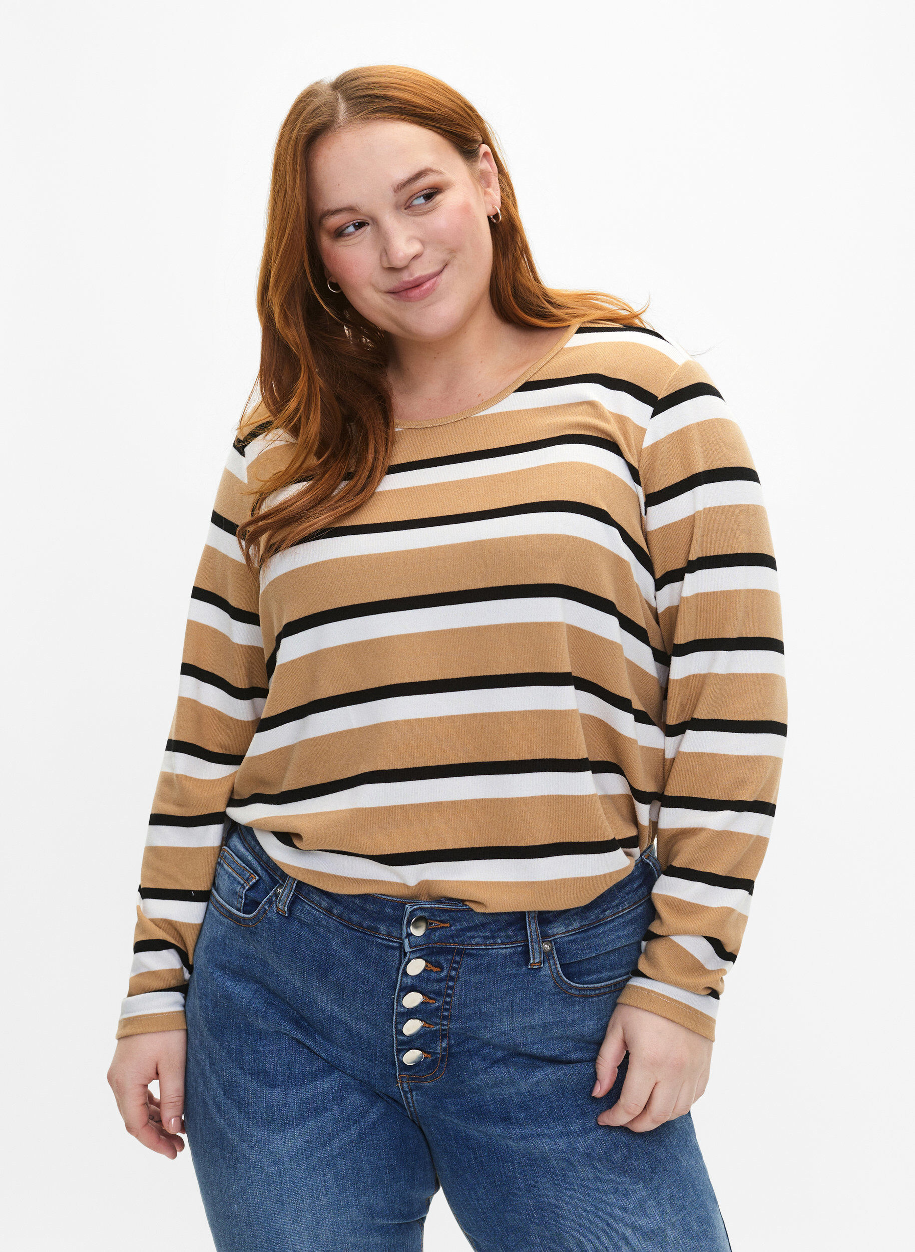 ZizziGestreifte Bluse mit langen &Auml;rmeln, Schwarz, Model image number 0