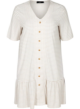 Gestreiftes Kleid mit kurzen Ärmeln und V-Ausschnitt, White Red Stripe, Packshot image number 0