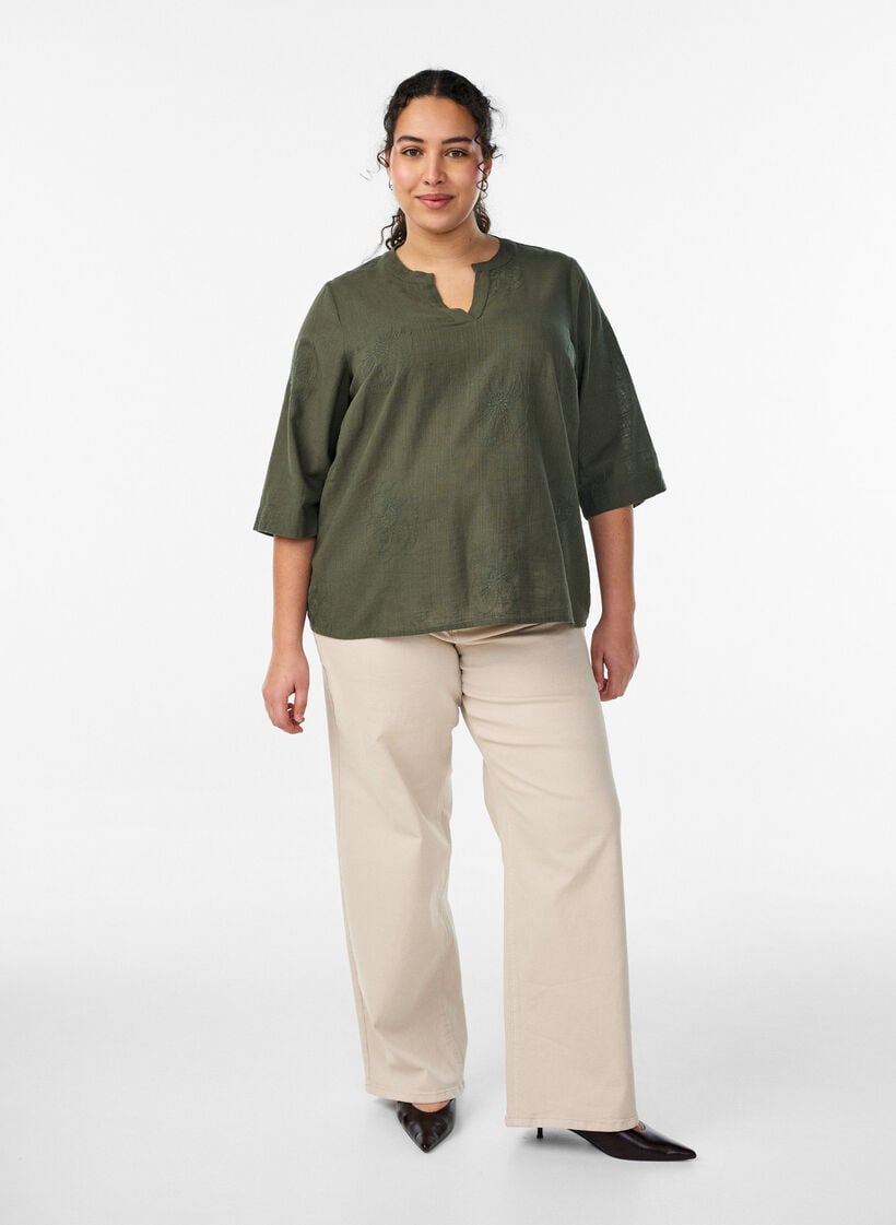 Bluse aus Baumwolle mit gestickten Details und 3/4-&Auml;rmeln, Gr&uuml;n, Model image number 1