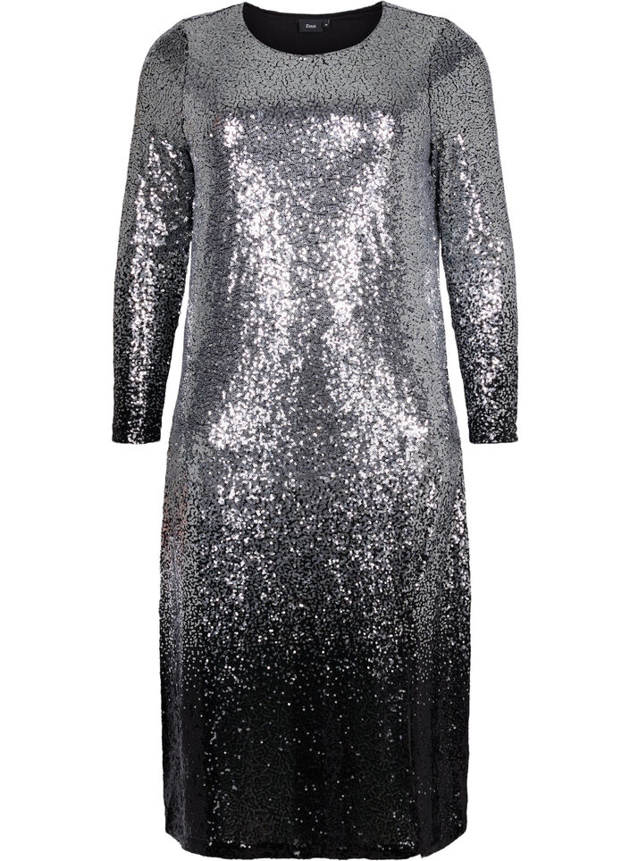 Paillettenkleid mit langen Ärmeln und Schlitz, Silver Black, Packshot image number 0