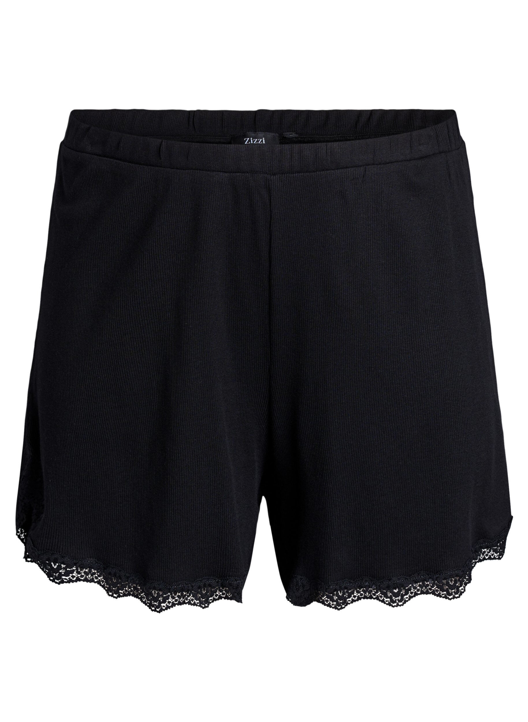 Zizzi Lockere Nachtshorts aus geripptem Material mit Spitzensaum, Schwarz, Packshot image number 0
