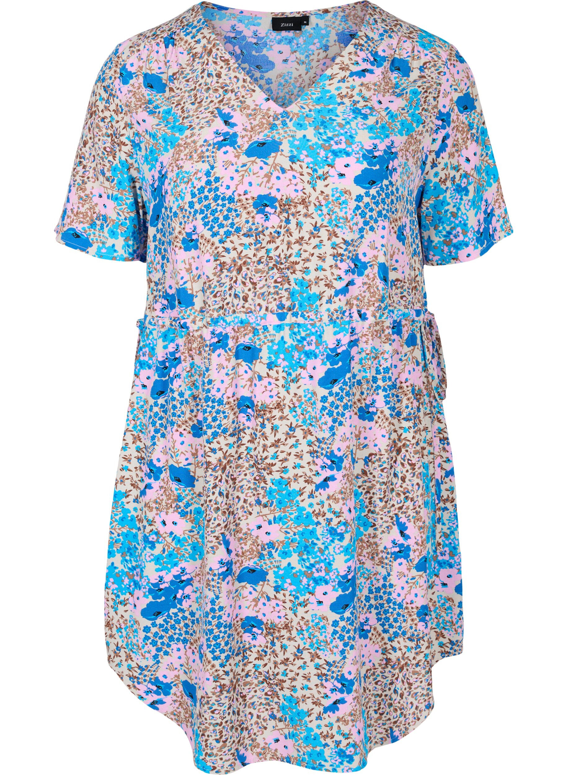 Zizzi Gemustertes Kleid mit Schn&uuml;ren Details, Blue Rose Flower, Packshot image number 0