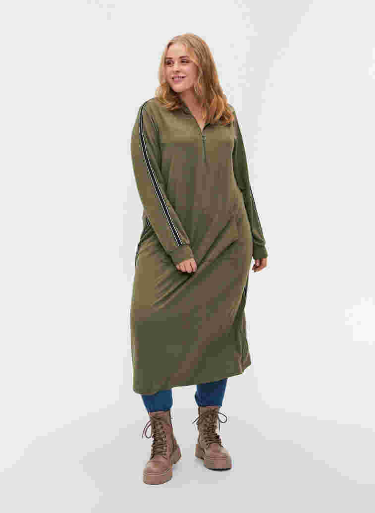 Sweatkleid mit Kapuze und Reißverschluss, Dusty Olive, Model image number 0