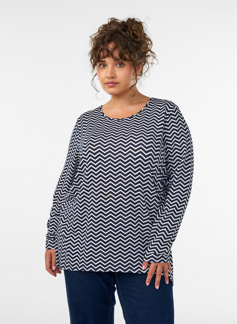 Gemusterte Bluse mit langen &Auml;rmeln, Blau, Model image number 0