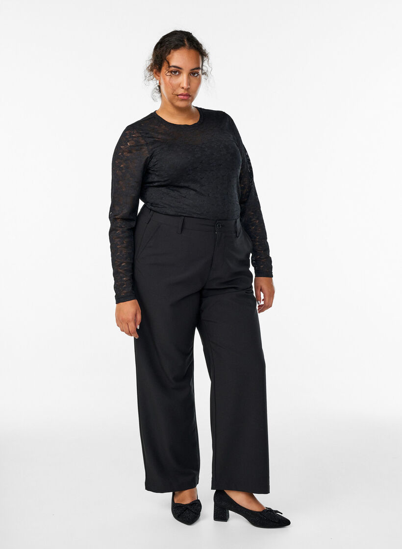 Spitzenbluse mit Rundhalsausschnitt und Slim Fit, Schwarz, Model image number 1