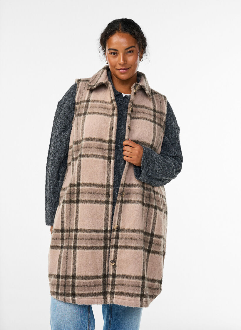 Lange karierte Weste aus gebürsteter Qualität, Beige, Model image number 0