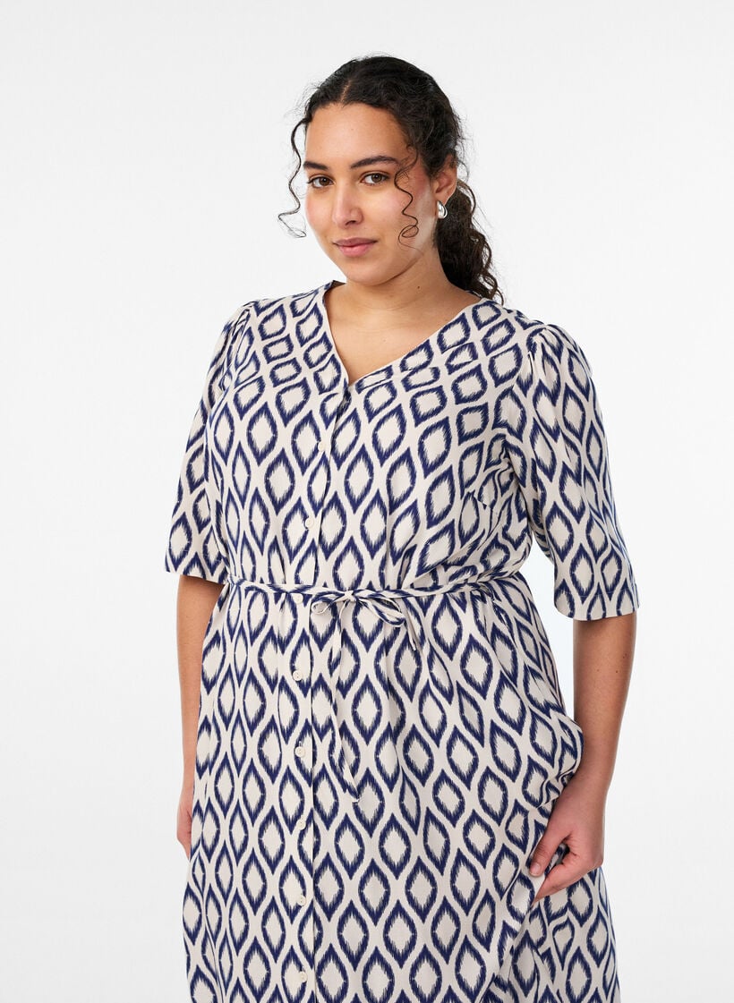 Midikleid mit Print und Bindeg&uuml;rtel, Vanille, Model image number 2
