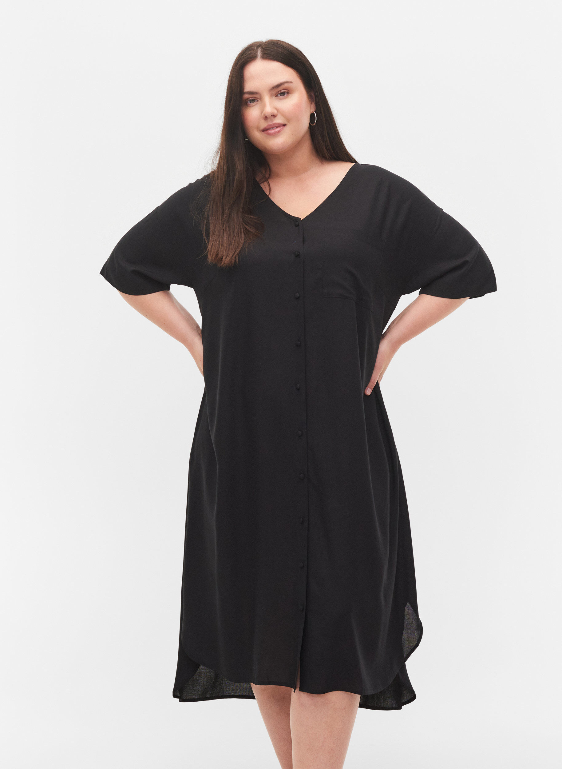 Zizzi Kurz&auml;rmeliges Hemdkleid aus Viskose, Black, Model image number 0