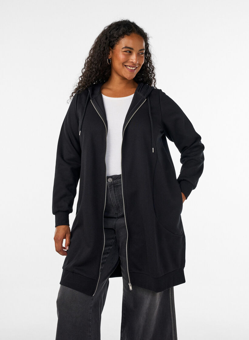 Langer Hoodie mit Rei&szlig;verschluss und Taschen, Schwarz, Model image number 0
