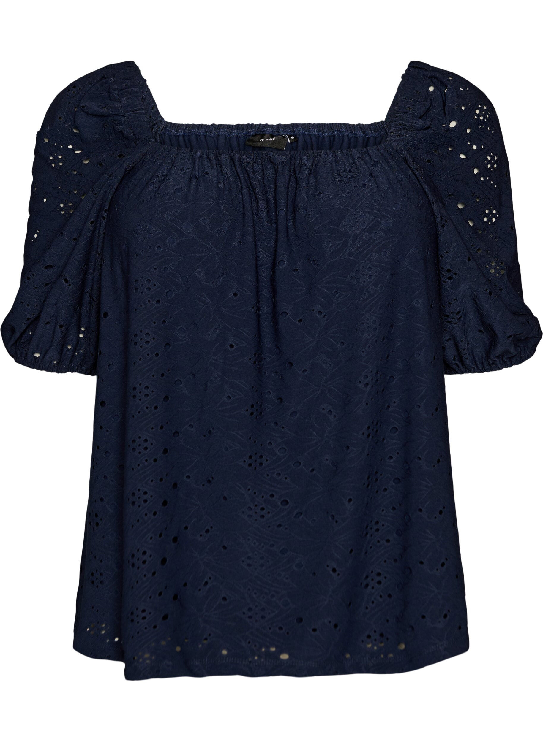 Zizzi Bluse mit kurzen Puff&auml;rmeln und Lochmuster, Blau, Packshot image number 0
