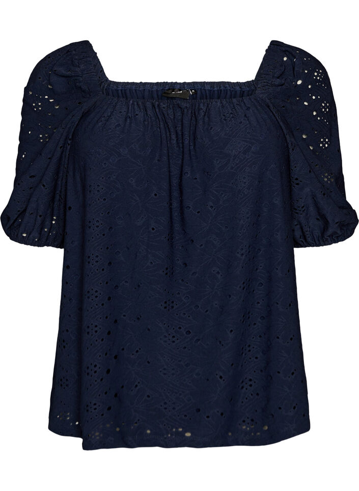 Bluse mit kurzen Puff&auml;rmeln und Lochmuster, Blau, Packshot image number 0