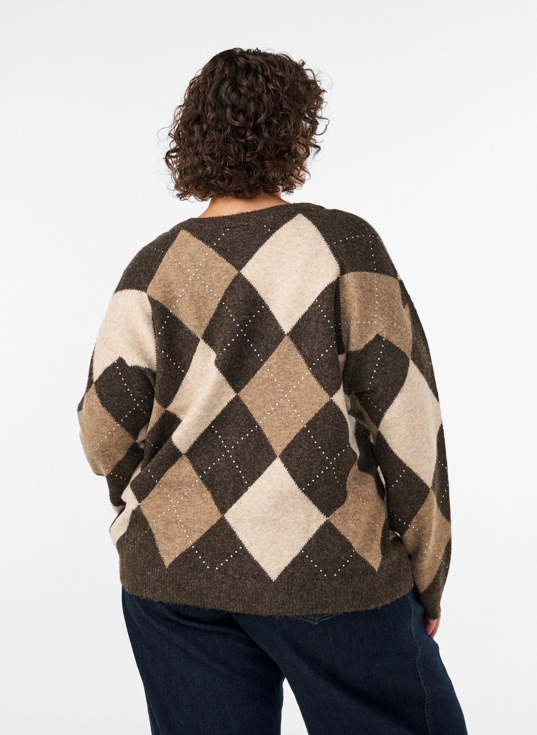 ZizziArgyle-Strickjacke mit Strasssteinen, Braun, Model image number 2