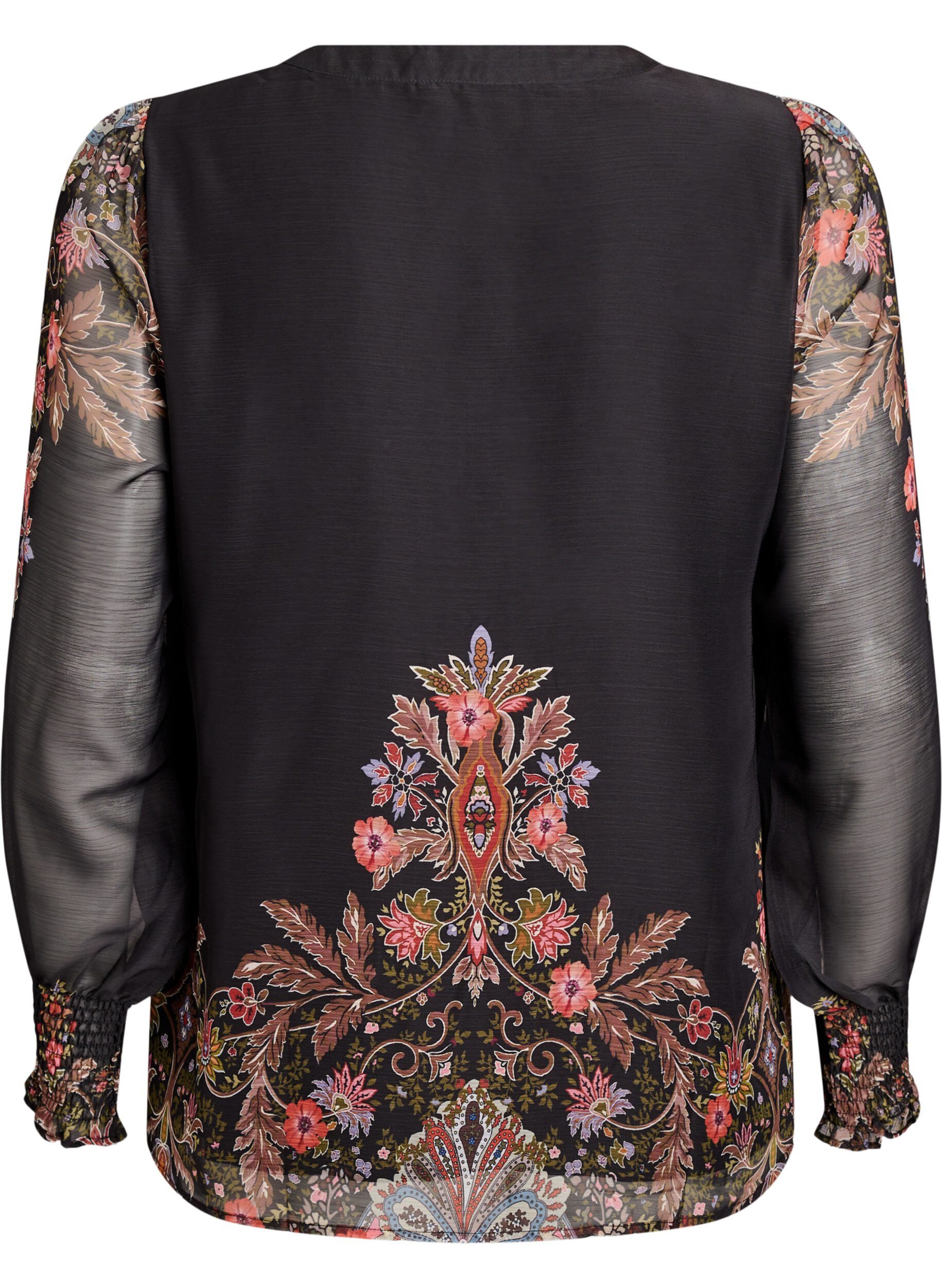 Zizzi Bluse mit Paisleymuster und transparenten &Auml;rmeln, Schwarz, Packshot image number 1