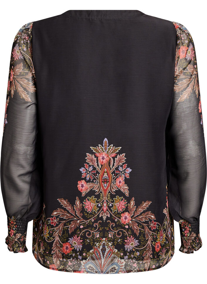 Bluse mit Paisleymuster und transparenten Ärmeln, Schwarz, Packshot image number 1
