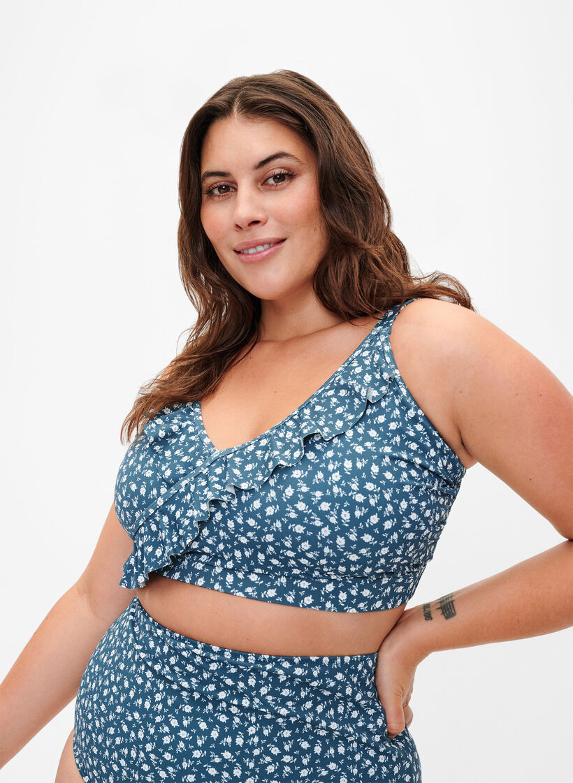 Bikini-Top mit Rüschendetails und Blumenprint, Petrol, Model image number 0