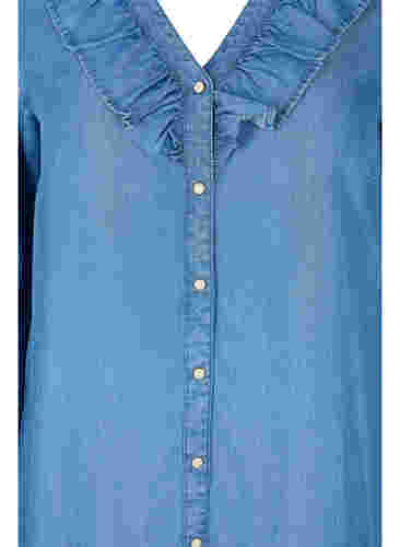 Denim-Kleid mit V-Ausschnitt und Rüschen, Blue denim, Packshot image number 2