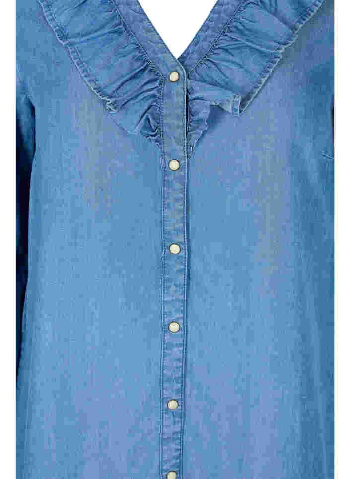 Denim-Kleid mit V-Ausschnitt und Rüschen, Blue denim, Packshot image number 2