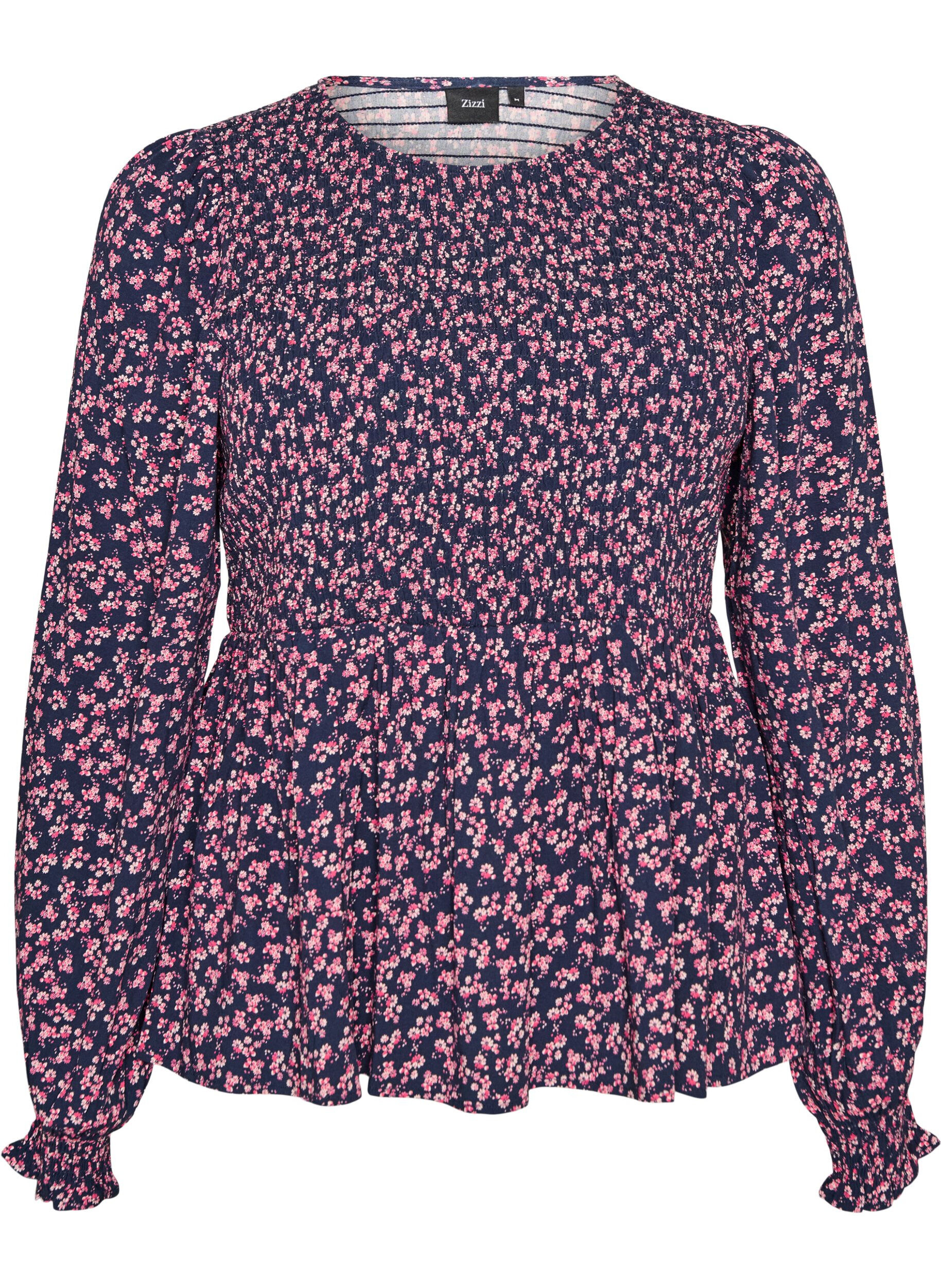 Bluse mit gesmoktem Oberteil und gebl&uuml;mtem Print
