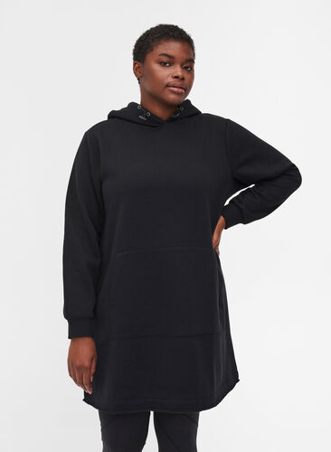 Langes Sweatshirt mit Kapuze und Tasche, Black, Model image number 0