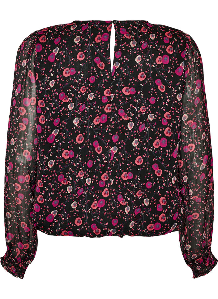 Gebl&uuml;mte Bluse aus Chiffon mit transparenten &Auml;rmeln, Schwarz, Packshot image number 1