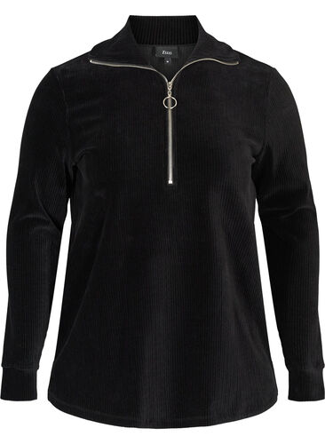 Hochgeschlossene Velour-Bluse mit Reißverschluss, Black, Packshot image number 0