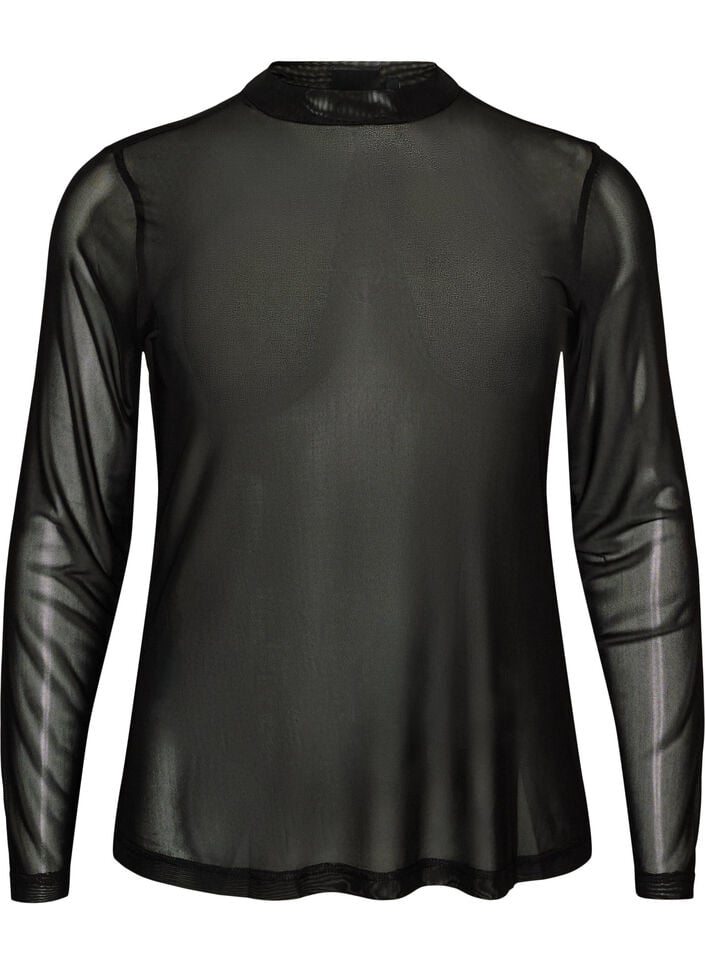 Enganliegende Mesh-Bluse mit langen &Auml;rmeln, Schwarz, Packshot image number 0
