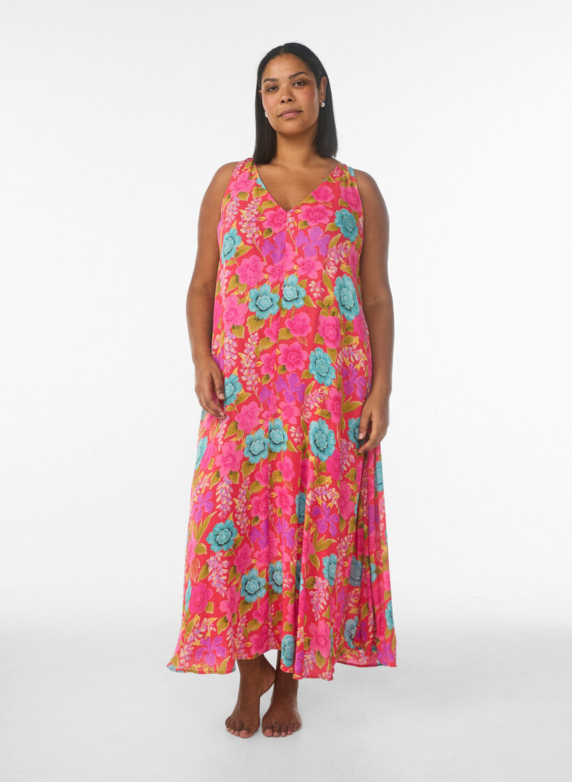 &Auml;rmelloses Maxikleid in A-Linie mit V-Ausschnitt, Rot, Model image number 0