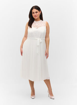 Ärmelloses Kleid mit Spitze und Falten, Star White, Model image number 0