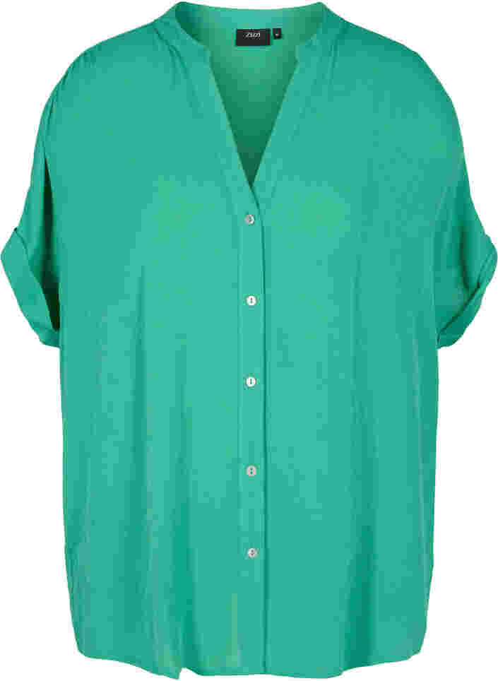 Kurzärmeliges Viskose-Shirt mit V-Ausschnitt, Holly Green, Packshot image number 0