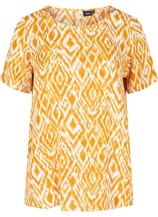 Kurzarm Bluse aus Viskose mit Print, Golden Yellow AOP, Packshot image number 0
