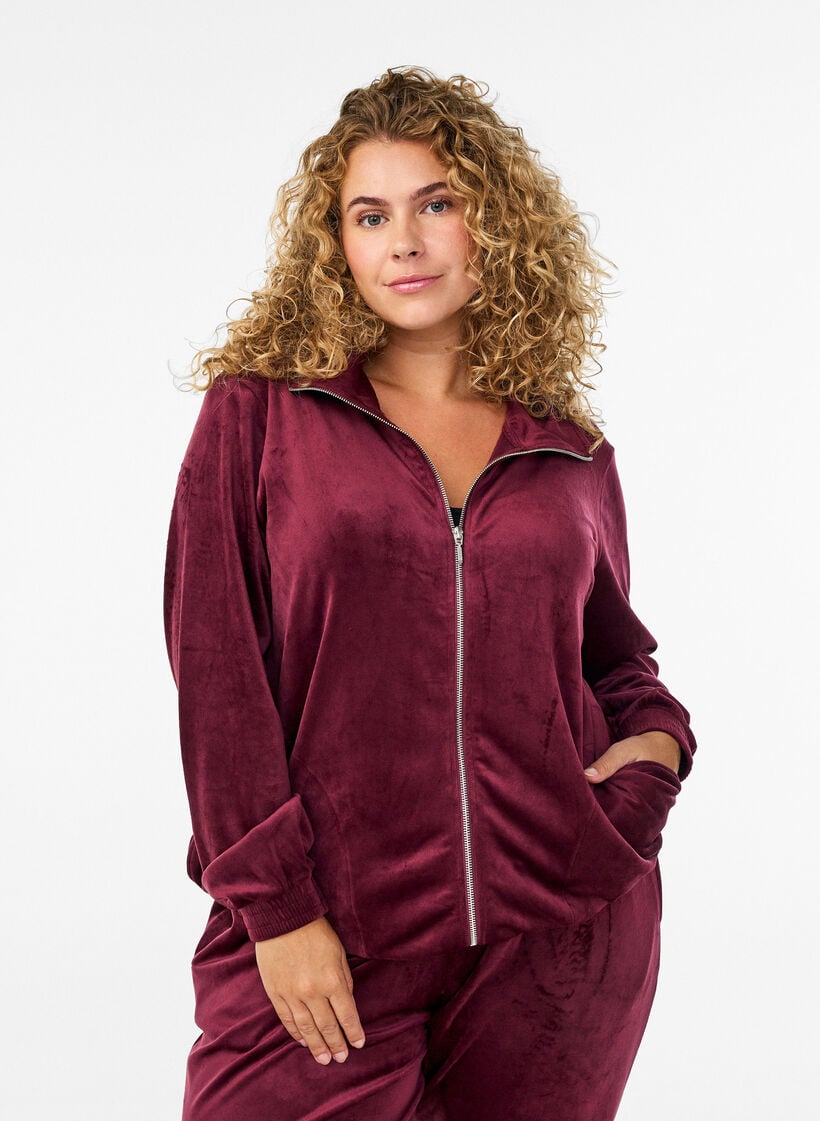 Cardigan aus Velours mit Rei&szlig;verschluss und hohem Kragen, Dunkles Bordeaux, Model image number 0