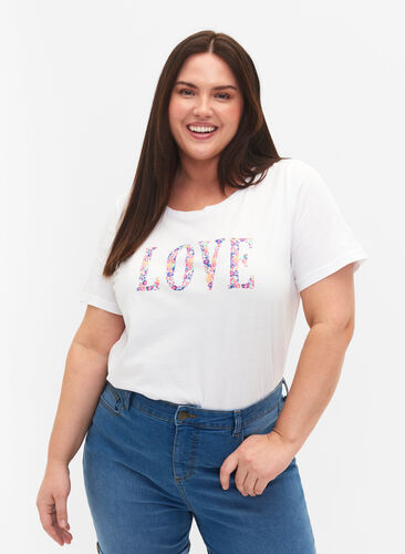 T-Shirt aus Baumwolle mit Rundhalsausschnitt und Print, Bright White W. Love, Model image number 0